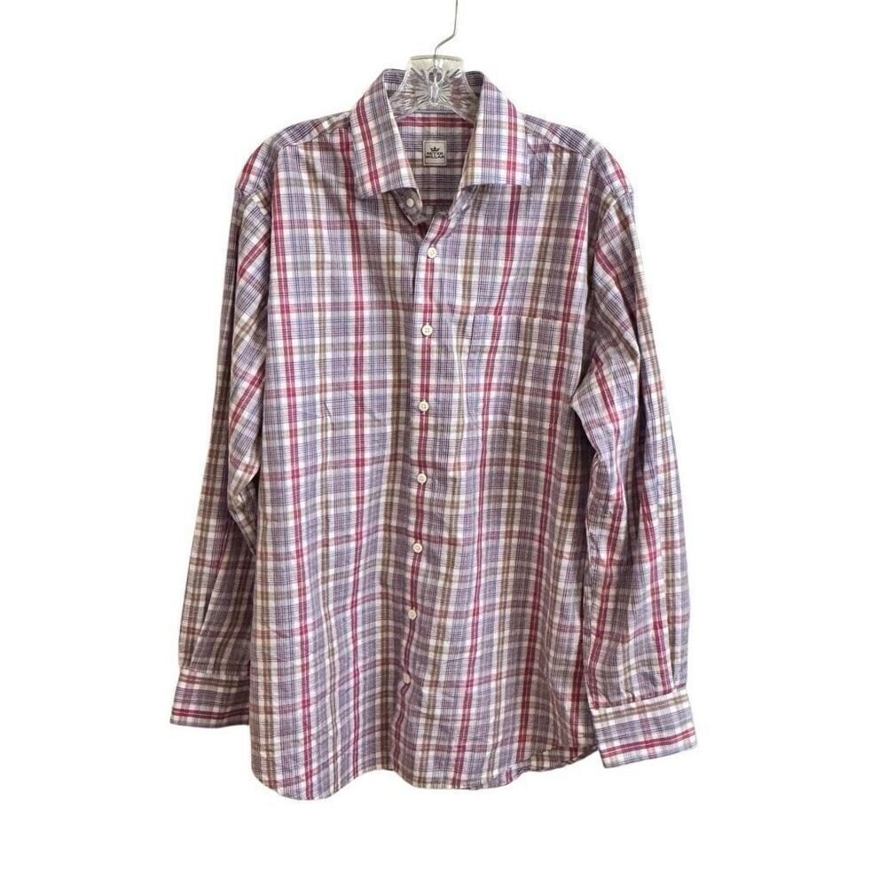 Peter Millar Button Down Dress Shirt Plaid Red White Blue Tan Men's Size Large